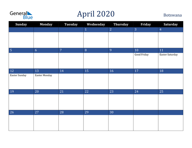 April 2020 Botswana Calendar