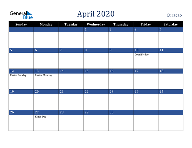 April 2020 Curacao Calendar