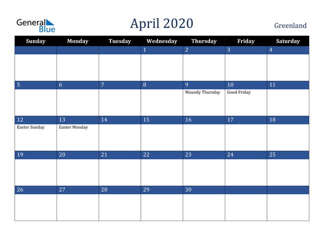 April 2020 Greenland Calendar