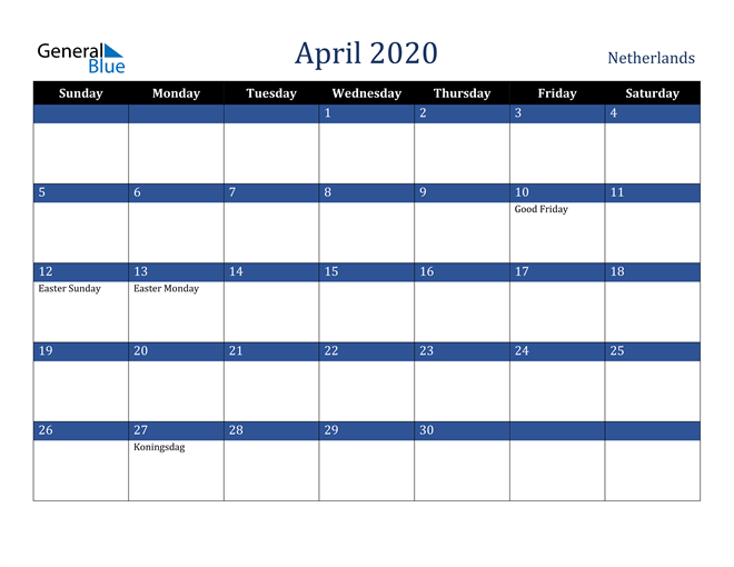 April 2020 Netherlands Calendar