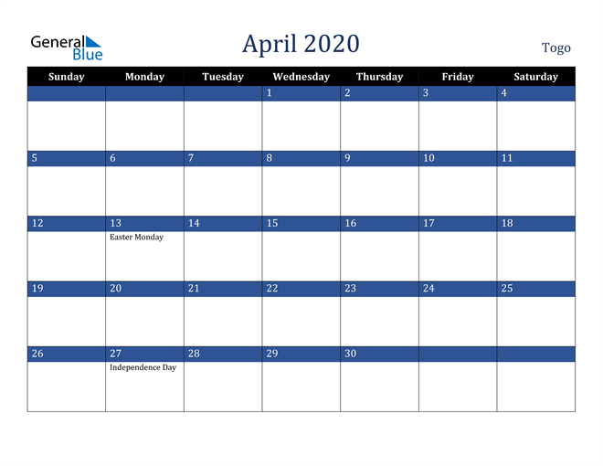 April 2020 Togo Calendar