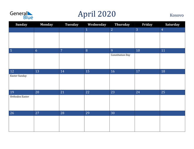 April 2020 Kosovo Calendar