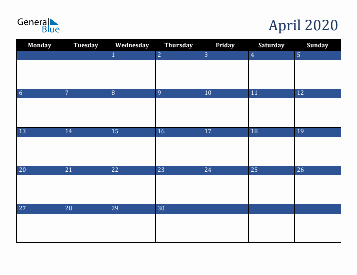 Monday Start Calendar for April 2020