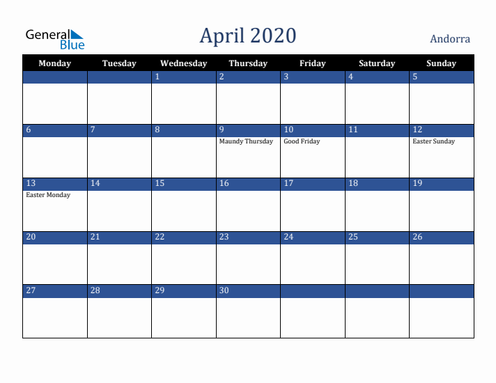 April 2020 Andorra Calendar (Monday Start)