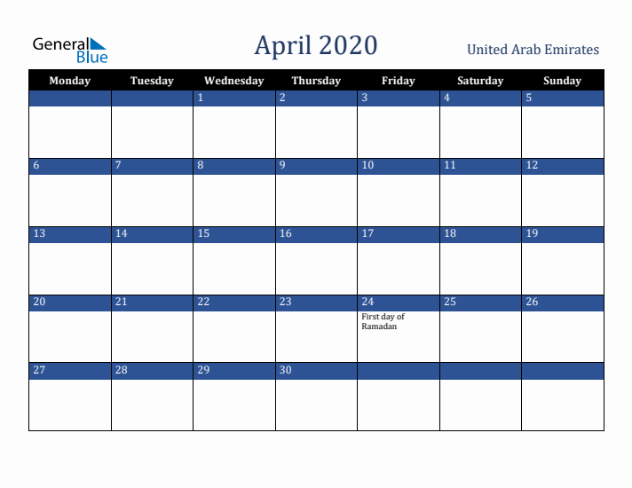 April 2020 United Arab Emirates Calendar (Monday Start)