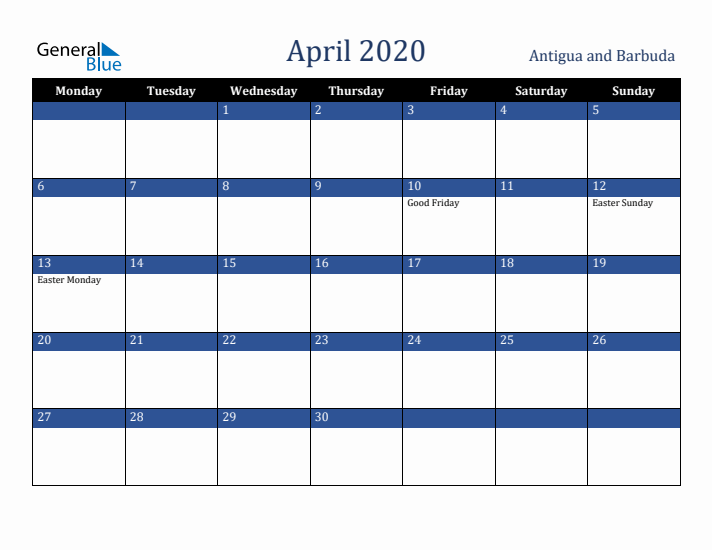 April 2020 Antigua and Barbuda Calendar (Monday Start)