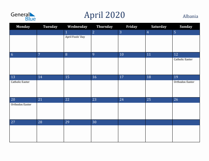April 2020 Albania Calendar (Monday Start)