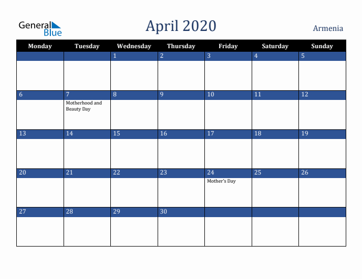 April 2020 Armenia Calendar (Monday Start)