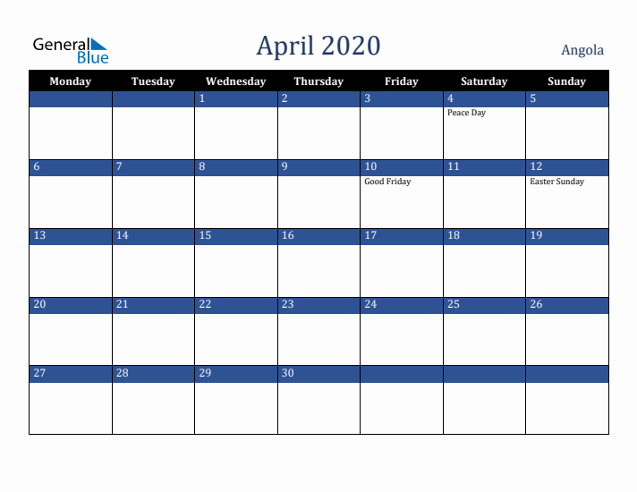 April 2020 Angola Calendar (Monday Start)