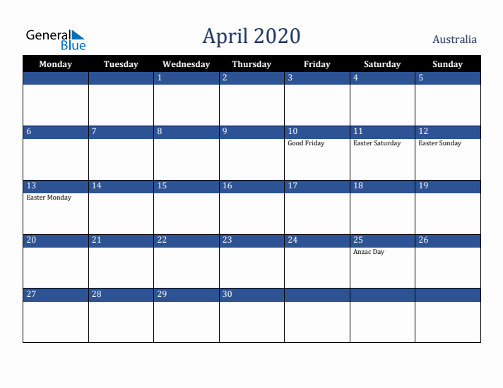 April 2020 Australia Calendar (Monday Start)
