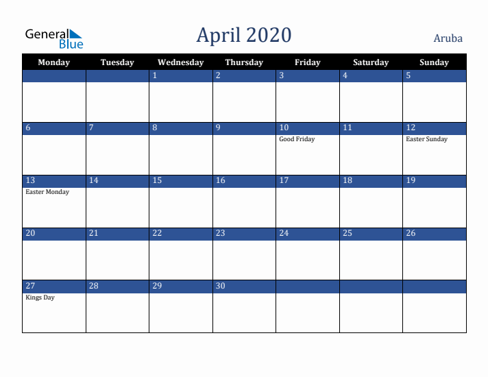 April 2020 Aruba Calendar (Monday Start)