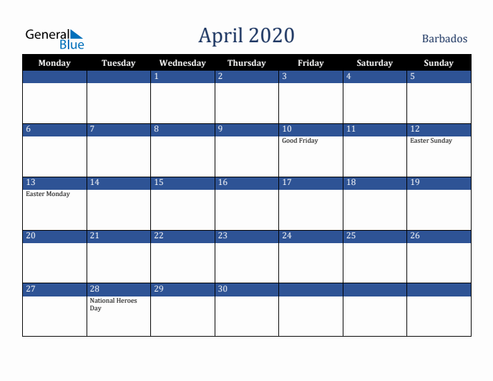 April 2020 Barbados Calendar (Monday Start)