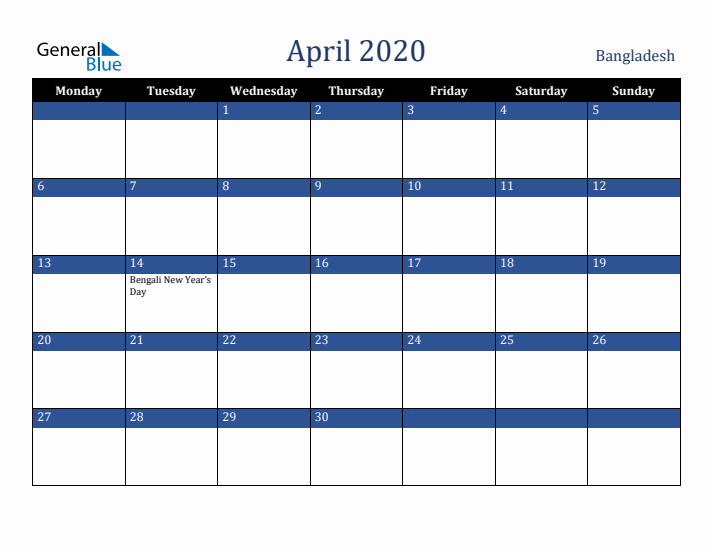 April 2020 Bangladesh Calendar (Monday Start)