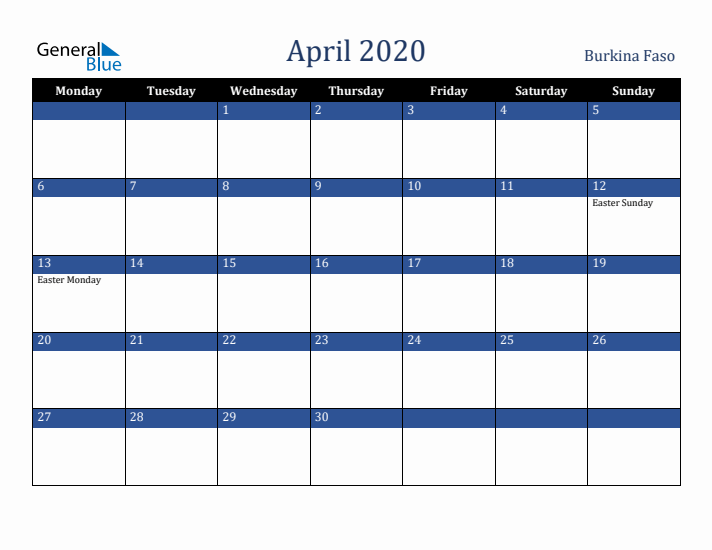 April 2020 Burkina Faso Calendar (Monday Start)