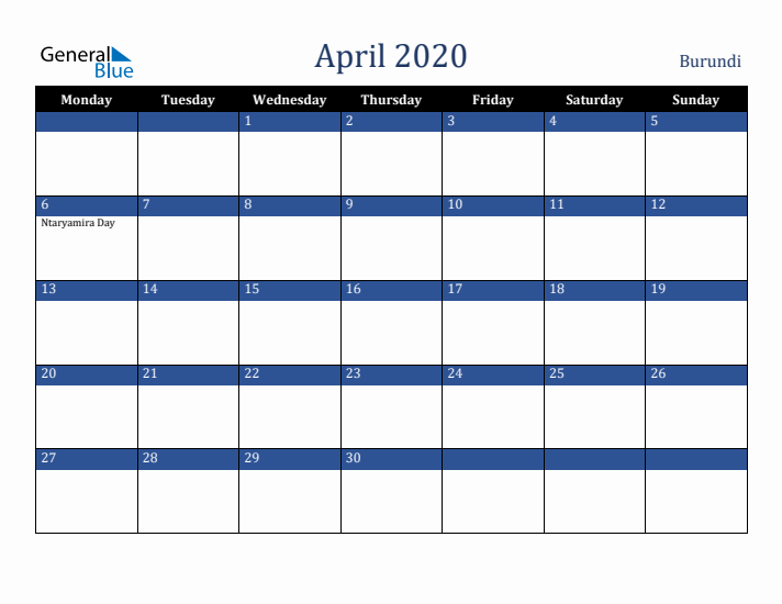 April 2020 Burundi Calendar (Monday Start)