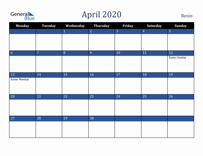 April 2020 Benin Calendar (Monday Start)