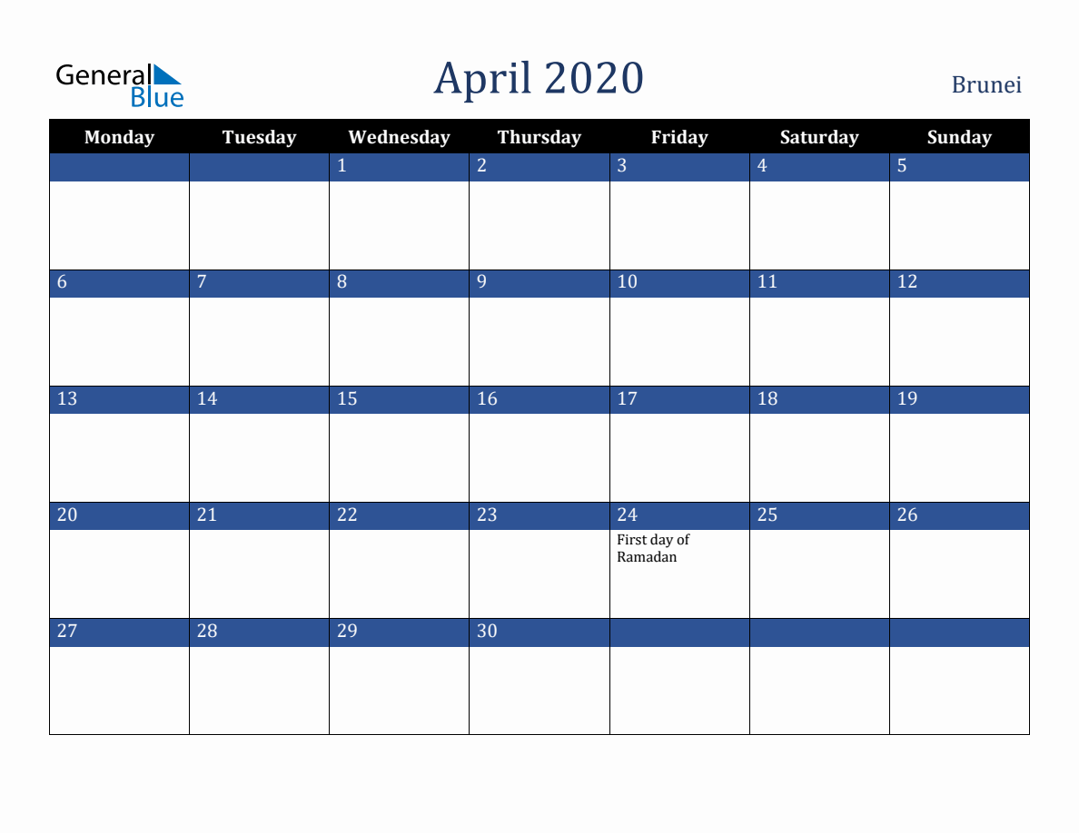 April 2020 Brunei Holiday Calendar