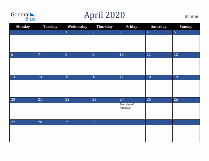 April 2020 Brunei Calendar (Monday Start)