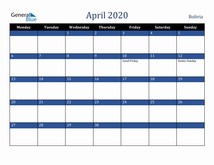 April 2020 Bolivia Calendar (Monday Start)
