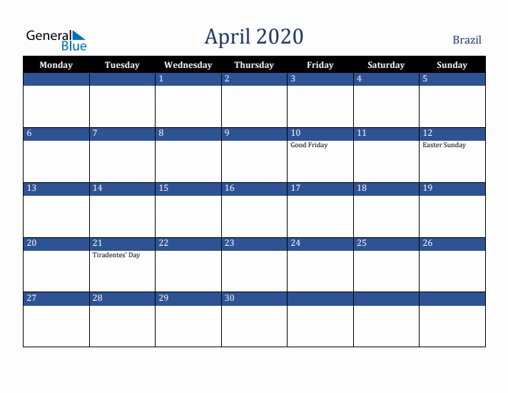 April 2020 Brazil Calendar (Monday Start)