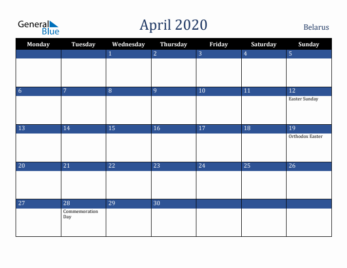 April 2020 Belarus Calendar (Monday Start)