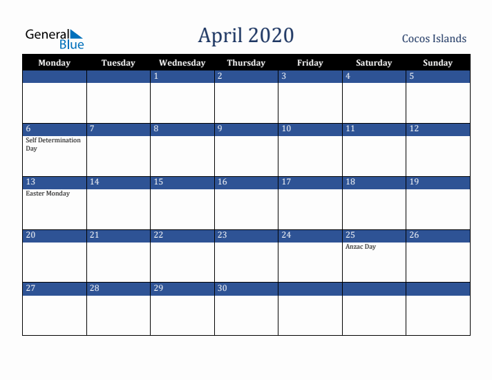 April 2020 Cocos Islands Calendar (Monday Start)