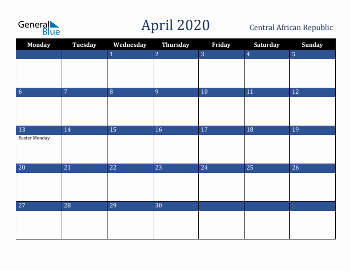 April 2020 Central African Republic Calendar (Monday Start)