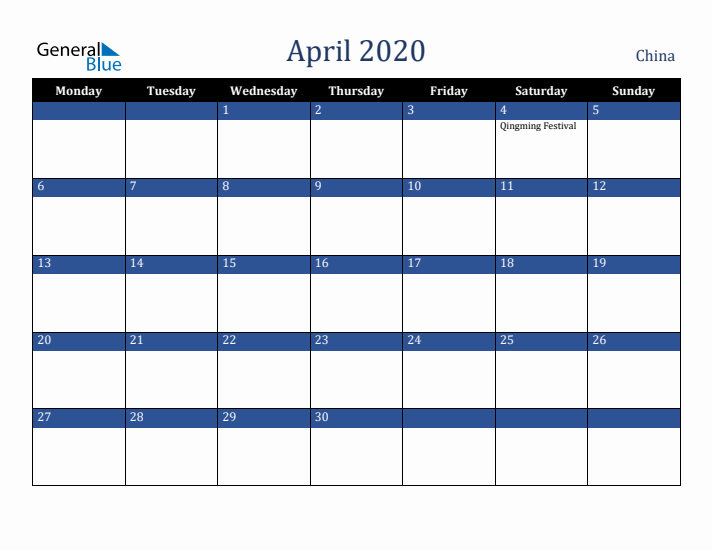 April 2020 China Calendar (Monday Start)