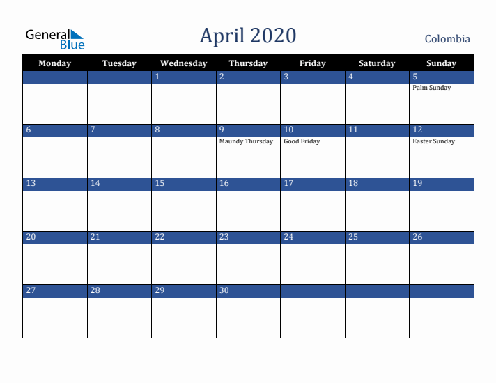 April 2020 Colombia Calendar (Monday Start)