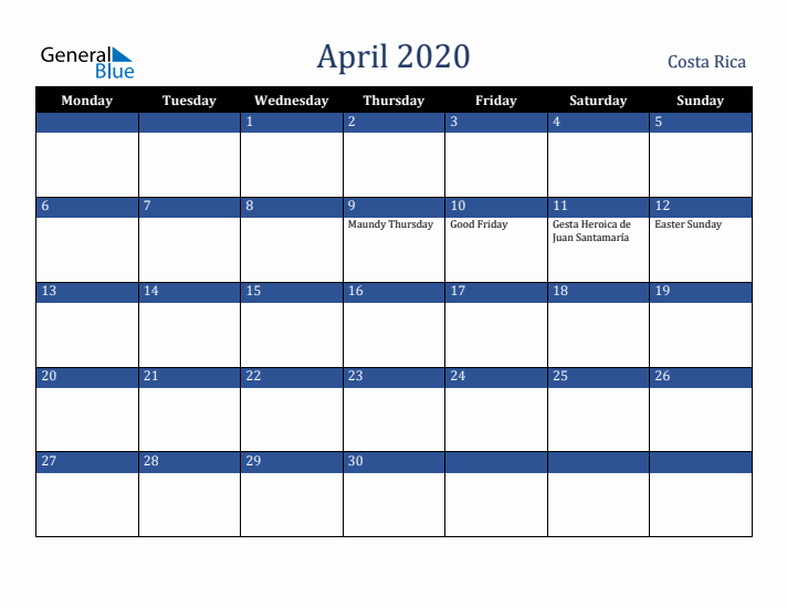 April 2020 Costa Rica Calendar (Monday Start)