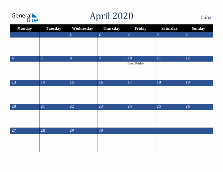 April 2020 Cuba Calendar (Monday Start)