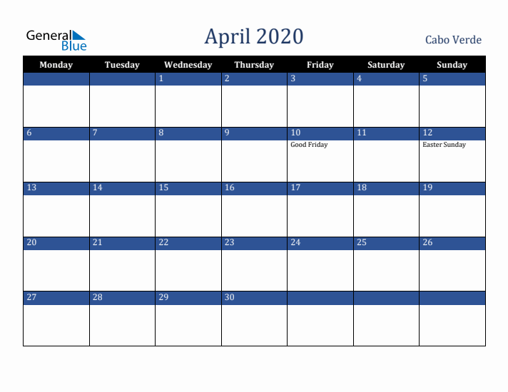 April 2020 Cabo Verde Calendar (Monday Start)
