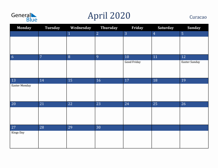April 2020 Curacao Calendar (Monday Start)