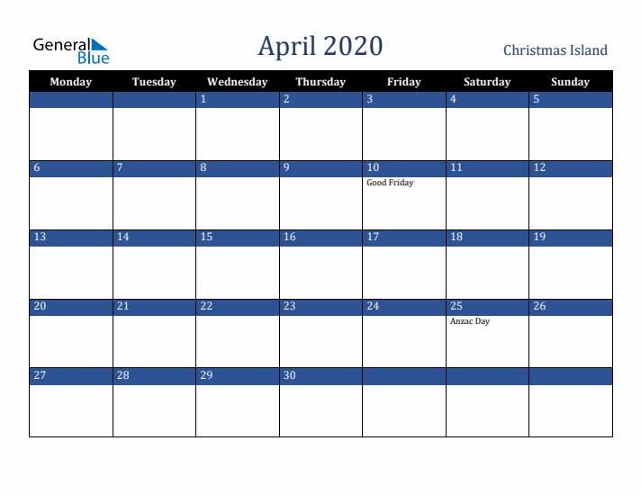 April 2020 Christmas Island Calendar (Monday Start)