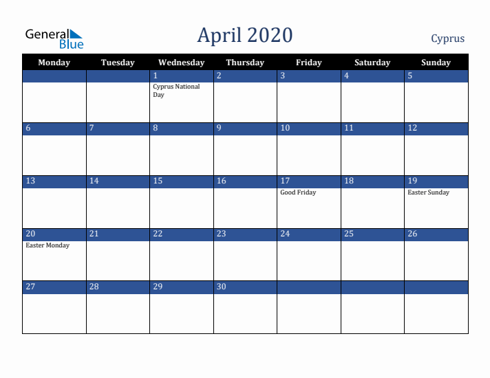 April 2020 Cyprus Calendar (Monday Start)