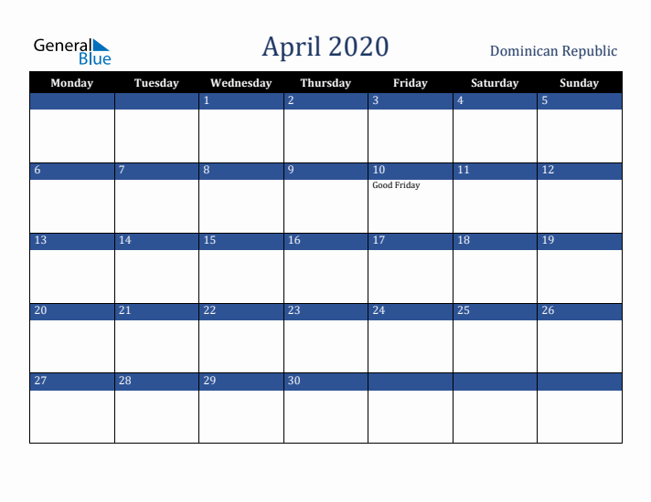 April 2020 Dominican Republic Calendar (Monday Start)
