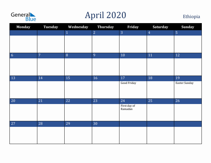 April 2020 Ethiopia Calendar (Monday Start)