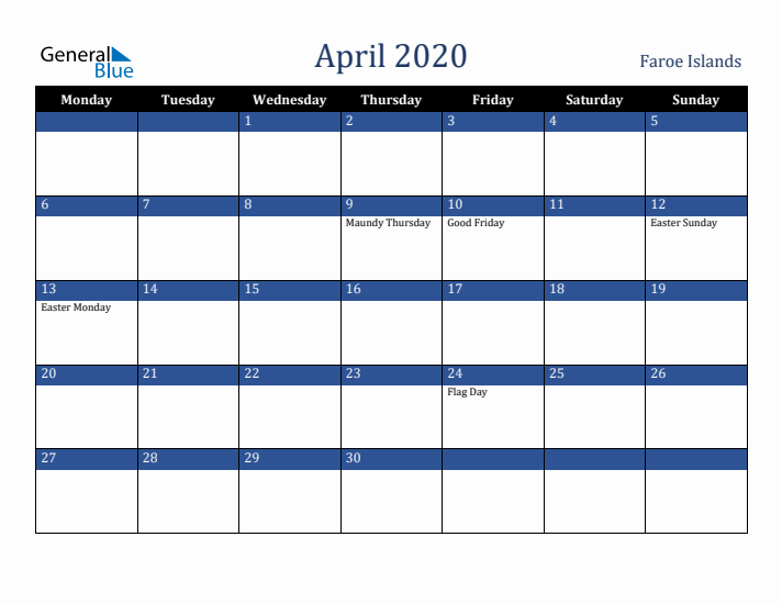 April 2020 Faroe Islands Calendar (Monday Start)