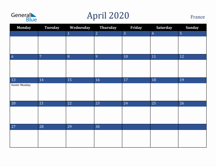 April 2020 France Calendar (Monday Start)
