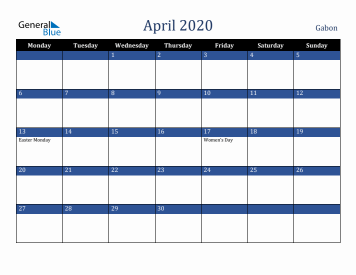 April 2020 Gabon Calendar (Monday Start)