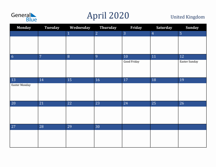 April 2020 United Kingdom Calendar (Monday Start)