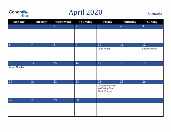 April 2020 Grenada Calendar (Monday Start)