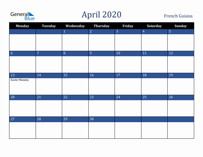 April 2020 French Guiana Calendar (Monday Start)