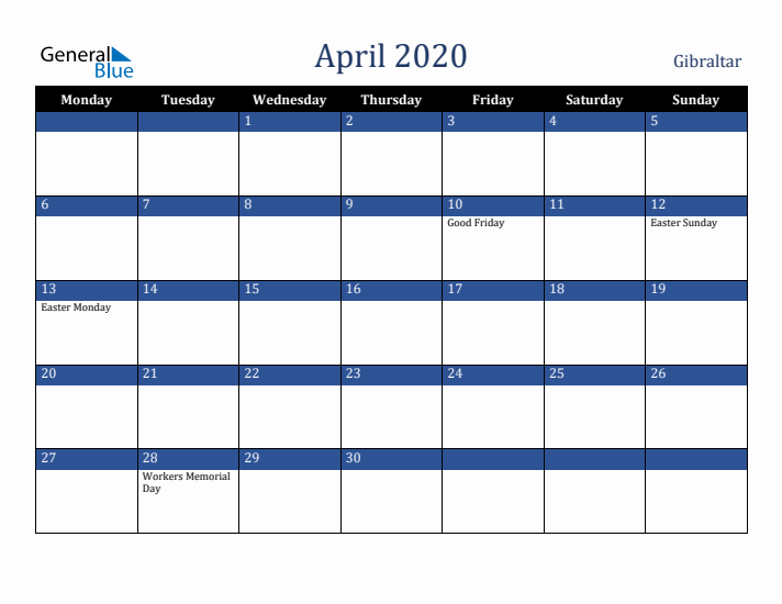 April 2020 Gibraltar Calendar (Monday Start)