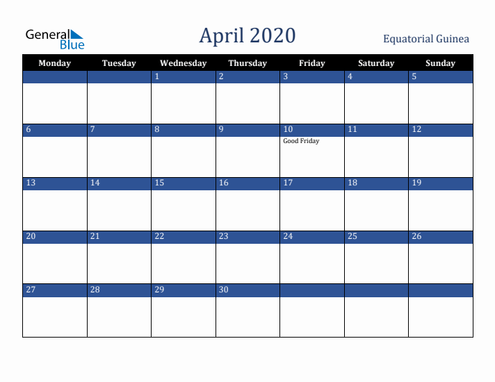 April 2020 Equatorial Guinea Calendar (Monday Start)