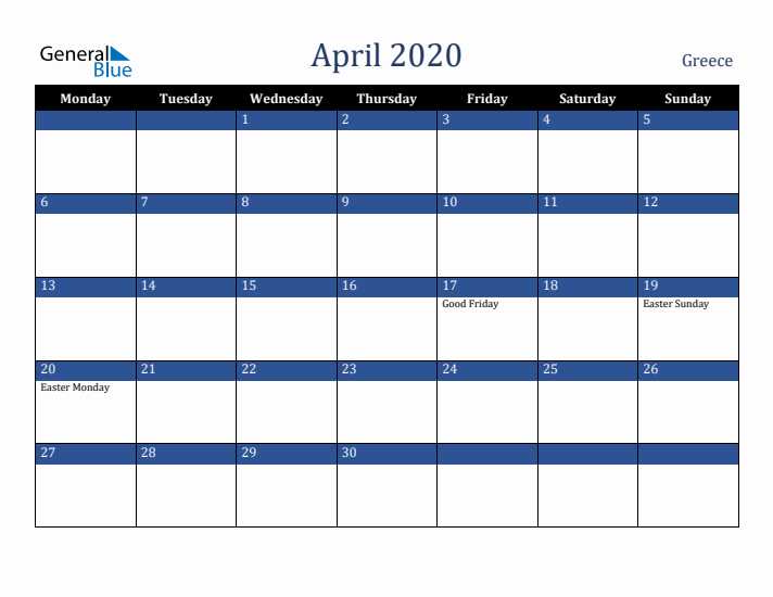 April 2020 Greece Calendar (Monday Start)