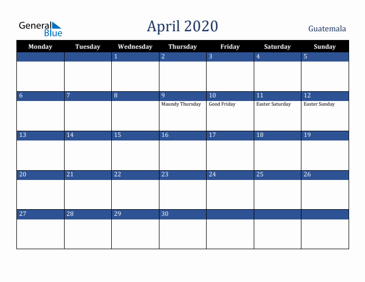 April 2020 Guatemala Calendar (Monday Start)