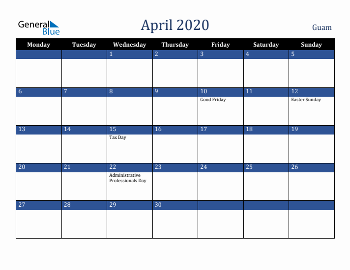 April 2020 Guam Calendar (Monday Start)