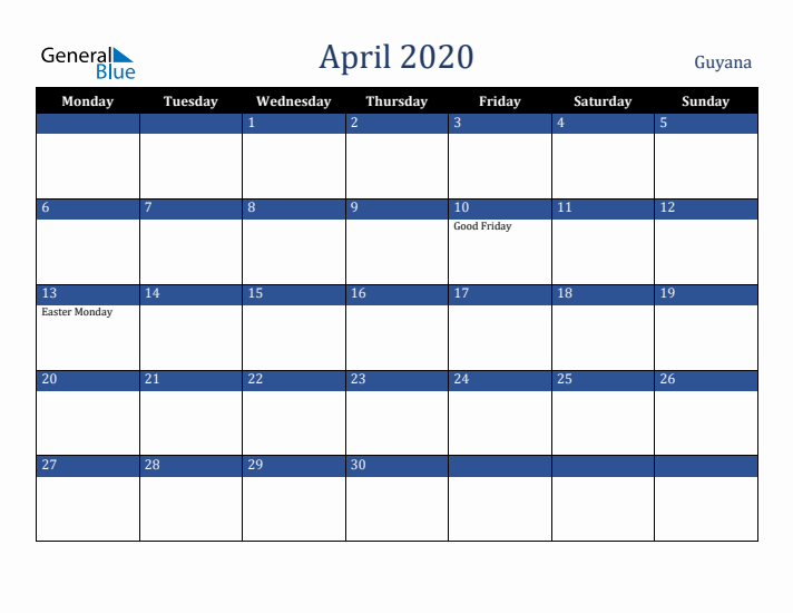April 2020 Guyana Calendar (Monday Start)