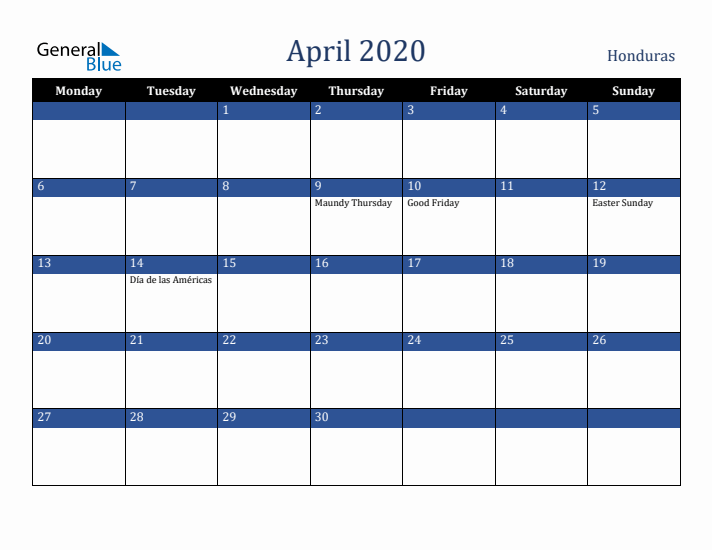 April 2020 Honduras Calendar (Monday Start)